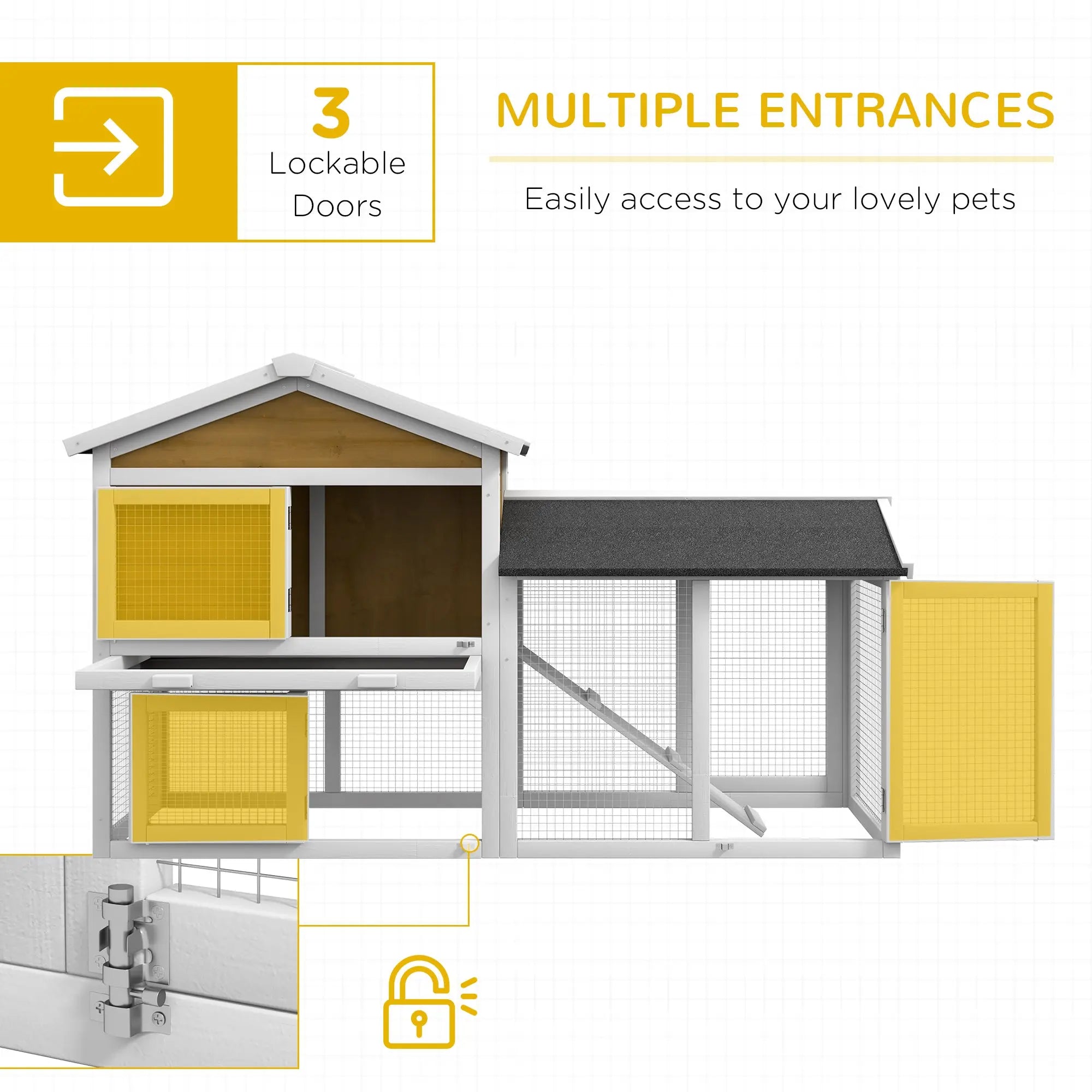 PawHut Wooden Rabbit Hutch Outdoor, Double Tier with Water-Resistant Roof, Ramp 147 x 54 x 84 cm, Yellow 