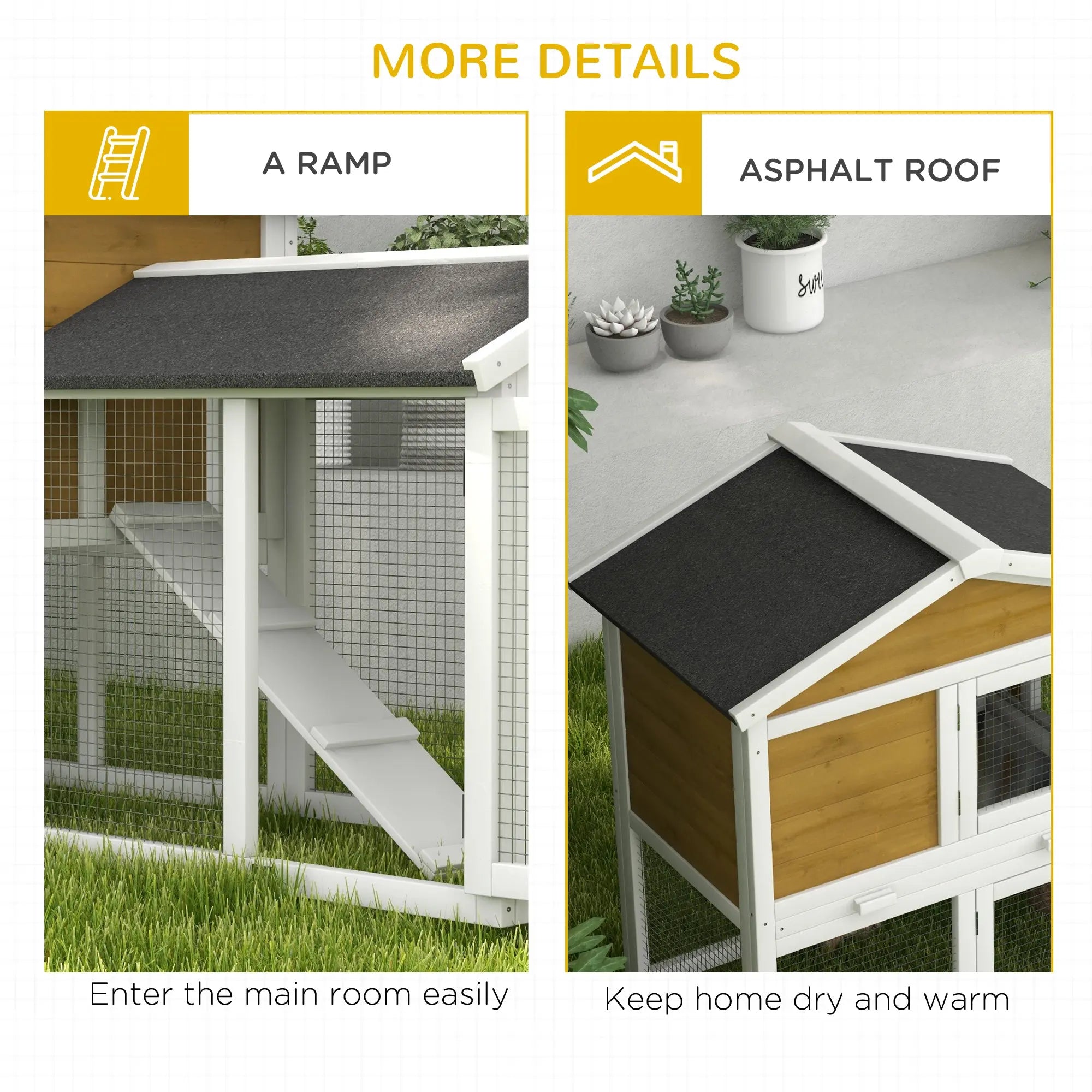 PawHut Wooden Rabbit Hutch Outdoor, Double Tier with Water-Resistant Roof, Ramp 147 x 54 x 84 cm, Yellow 