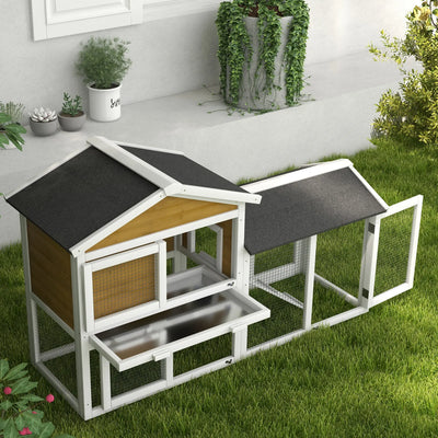 PawHut Wooden Rabbit Hutch Outdoor, Double Tier with Water-Resistant Roof, Ramp 147 x 54 x 84 cm, Yellow 