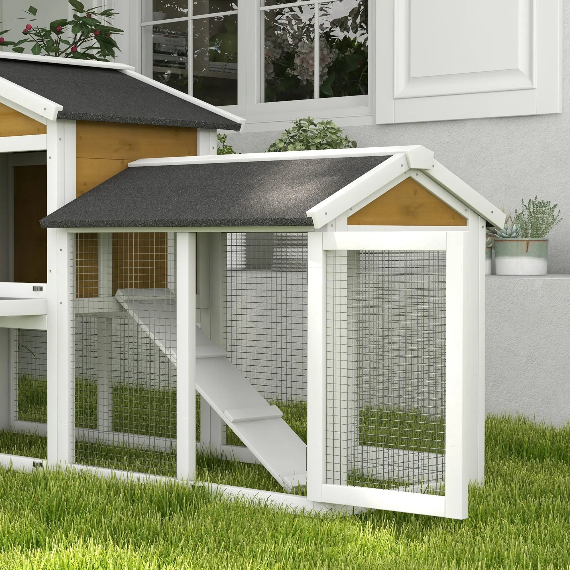 PawHut Wooden Rabbit Hutch Outdoor, Double Tier with Water-Resistant Roof, Ramp 147 x 54 x 84 cm, Yellow 