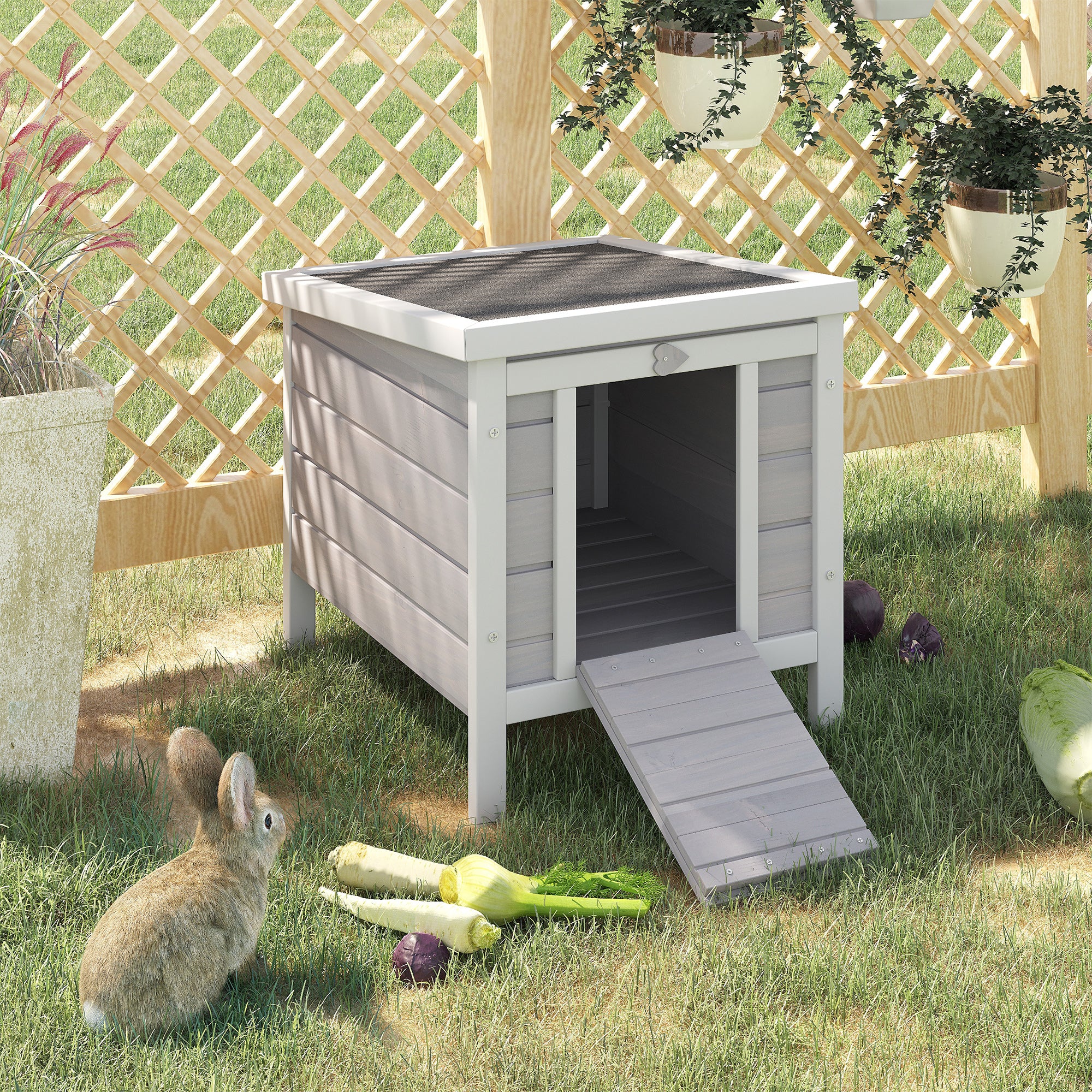 PawHut Wooden Rabbit Hutch Outdoor, Guinea Pig Hutch, Rabbit Hideaway, Cat House, Bunny Cage Small Animal House 51 x 42 x 43 cm, Grey 