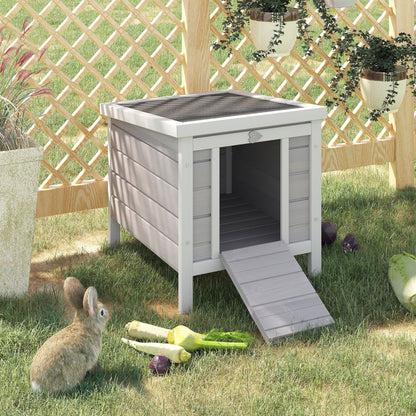 PawHut Wooden Rabbit Hutch Outdoor, Guinea Pig Hutch, Rabbit Hideaway, Cat House, Bunny Cage Small Animal House 51 x 42 x 43 cm, Grey 