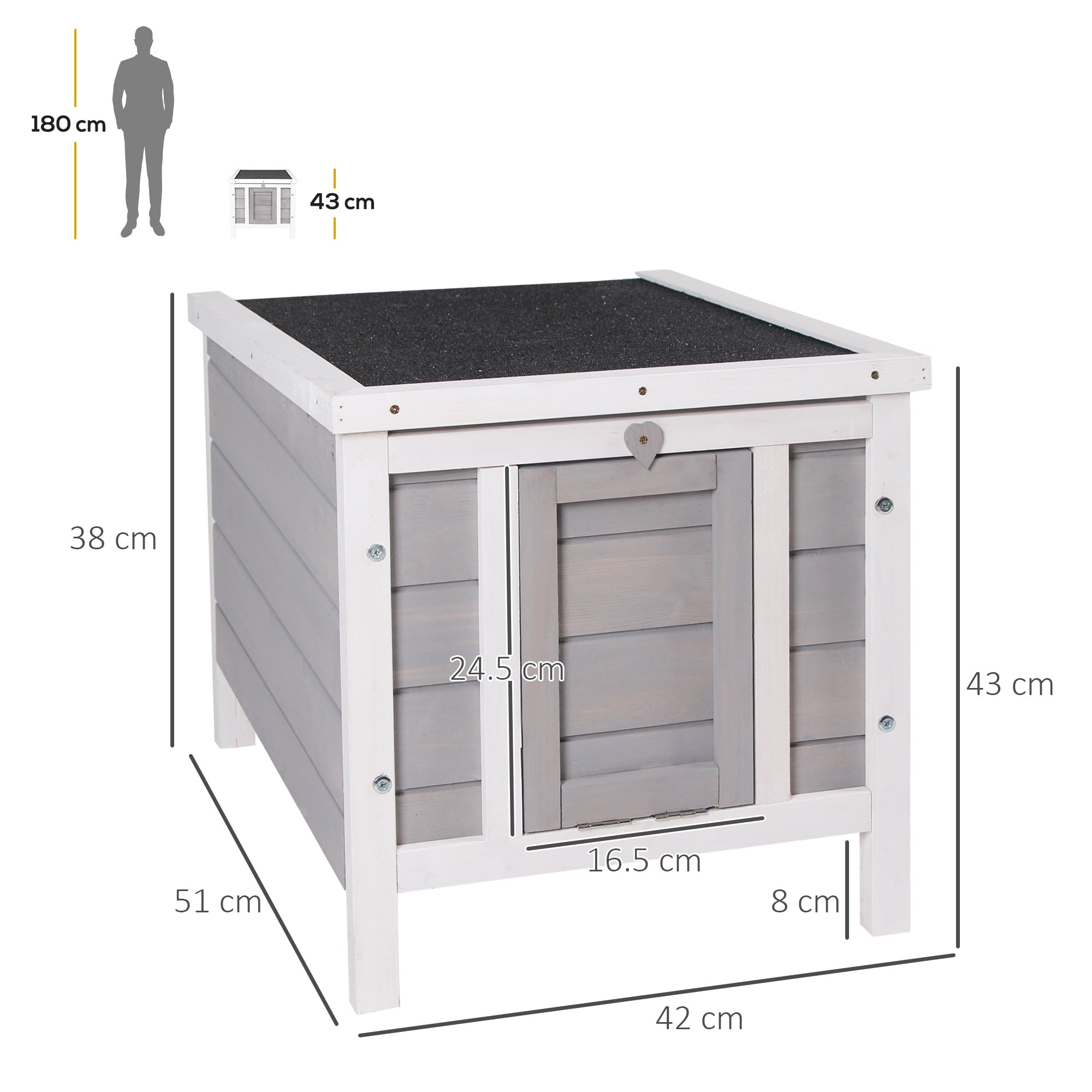 PawHut Wooden Rabbit Hutch Outdoor, Guinea Pig Hutch, Rabbit Hideaway, Cat House, Bunny Cage Small Animal House 51 x 42 x 43 cm, Grey 