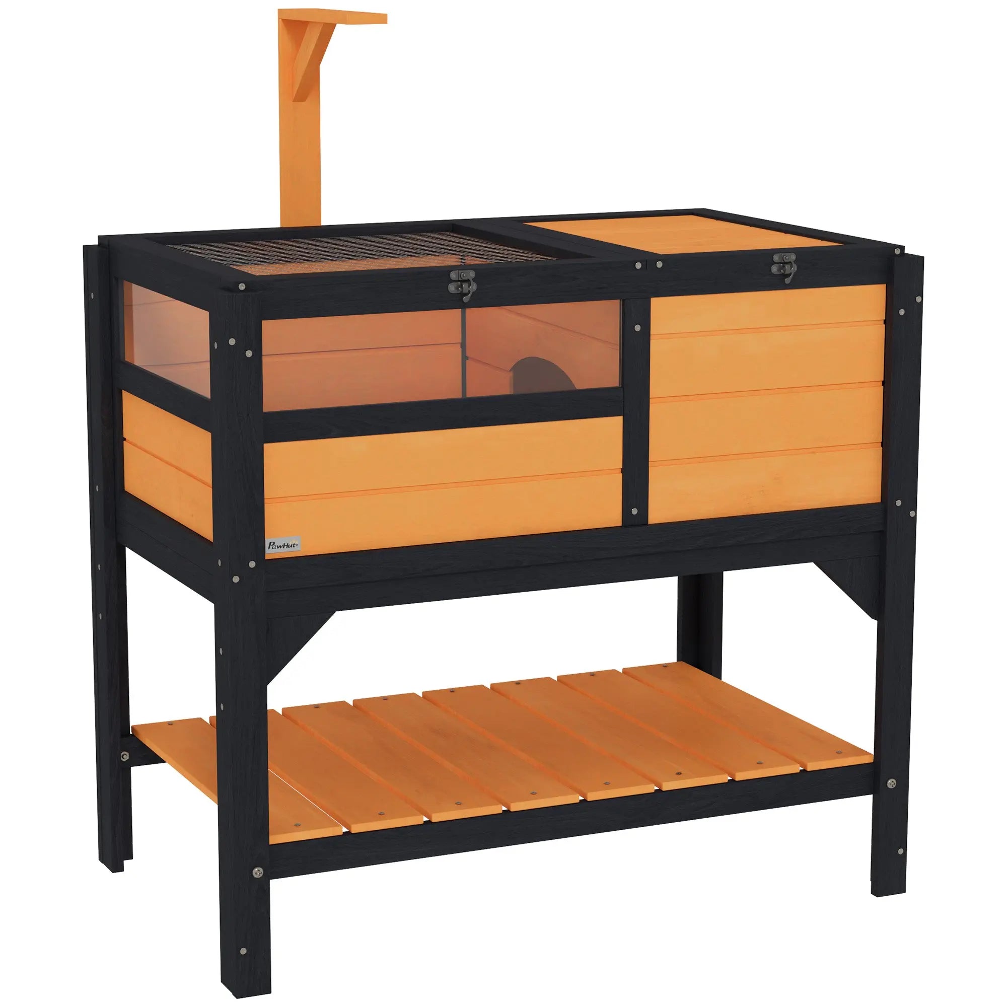 PawHut Wooden Tortoise House, with Shelter, Run, Shelf, Lamp Holder, Tray, Yellow 