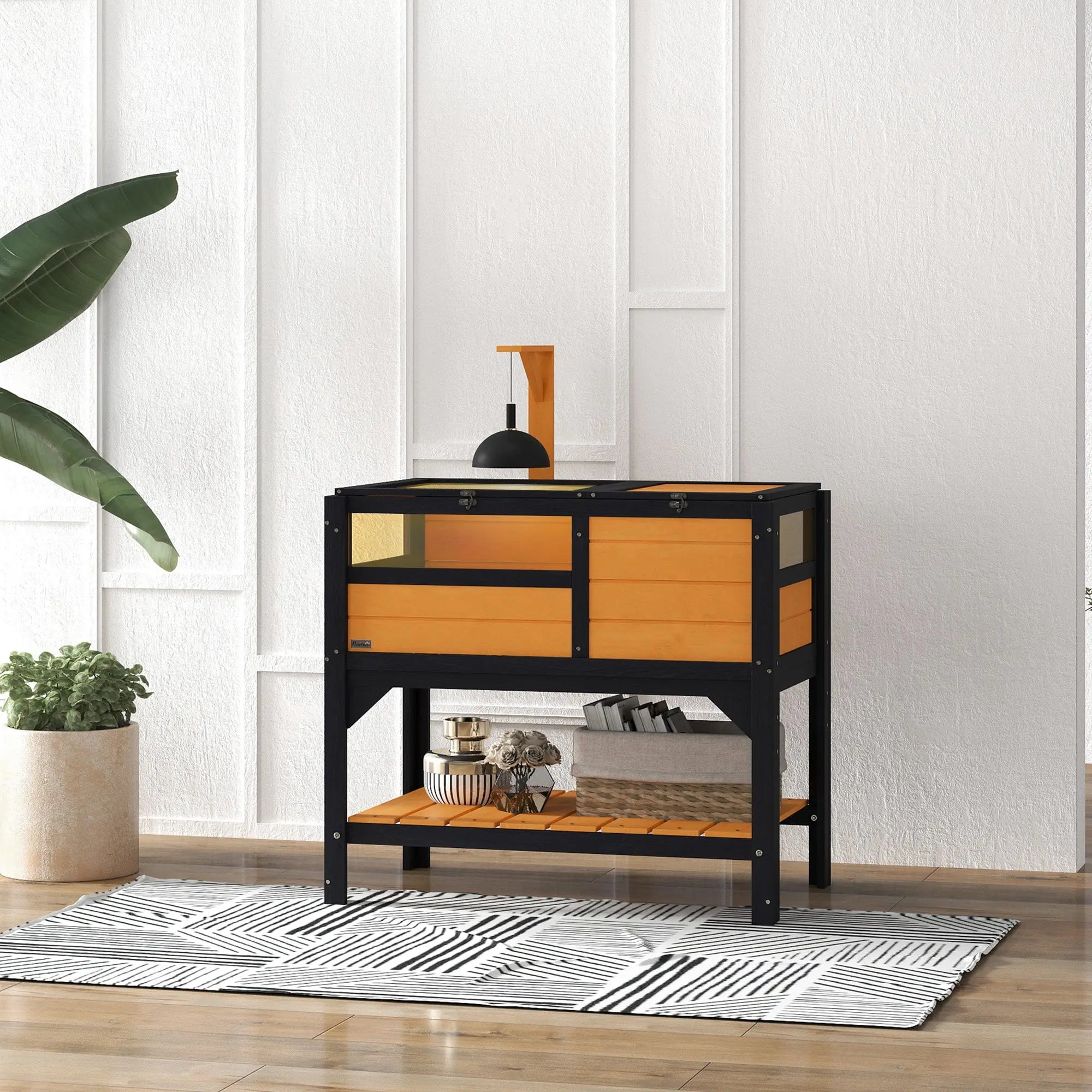 PawHut Wooden Tortoise House, with Shelter, Run, Shelf, Lamp Holder, Tray, Yellow 