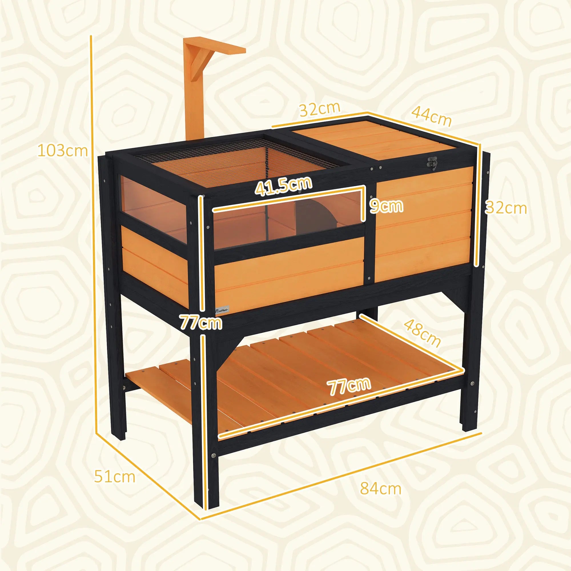 PawHut Wooden Tortoise House, with Shelter, Run, Shelf, Lamp Holder, Tray, Yellow 