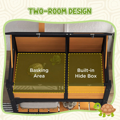 PawHut Wooden Tortoise House, with Shelter, Run, Shelf, Lamp Holder, Tray, Yellow 