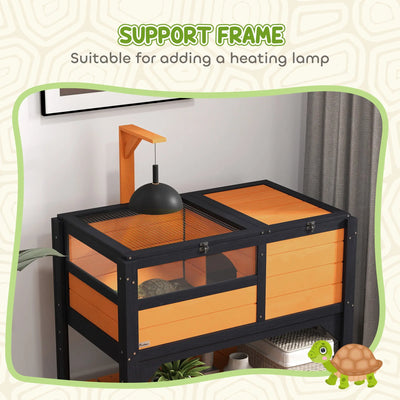 PawHut Wooden Tortoise House, with Shelter, Run, Shelf, Lamp Holder, Tray, Yellow 