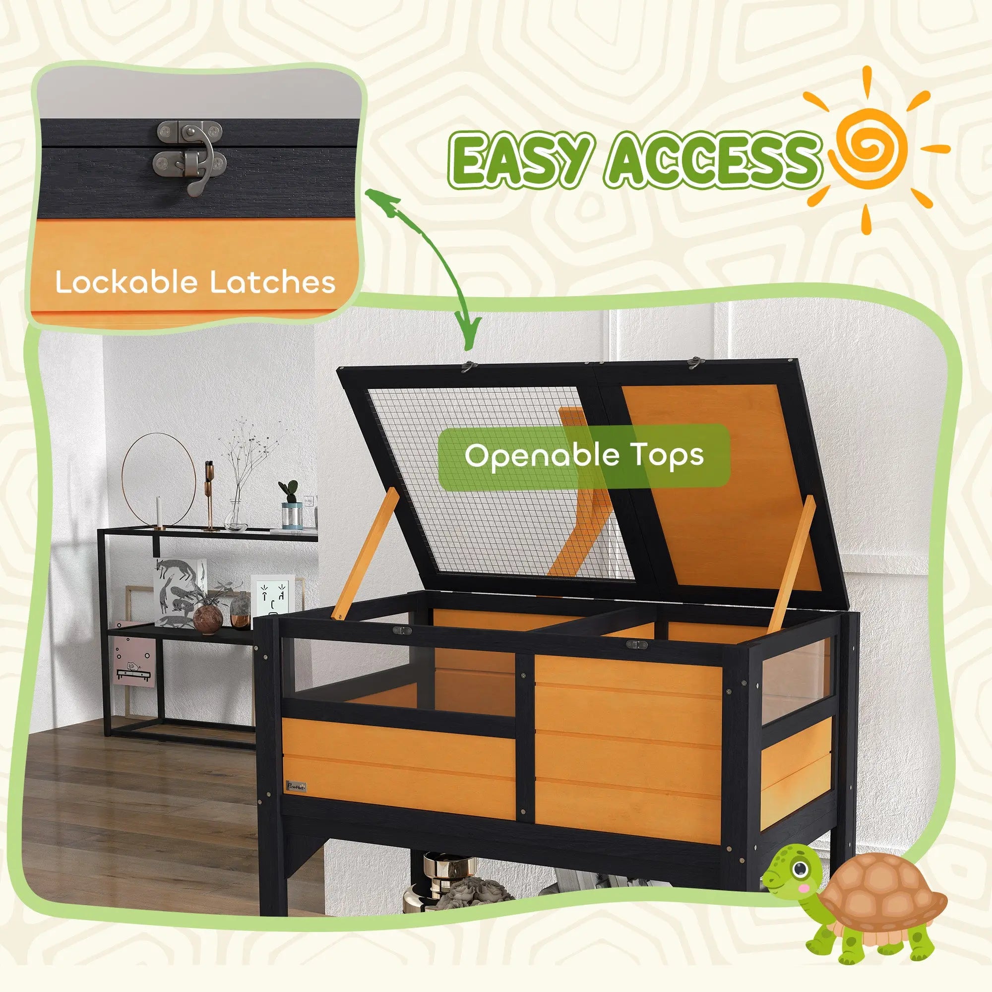 PawHut Wooden Tortoise House, with Shelter, Run, Shelf, Lamp Holder, Tray, Yellow 