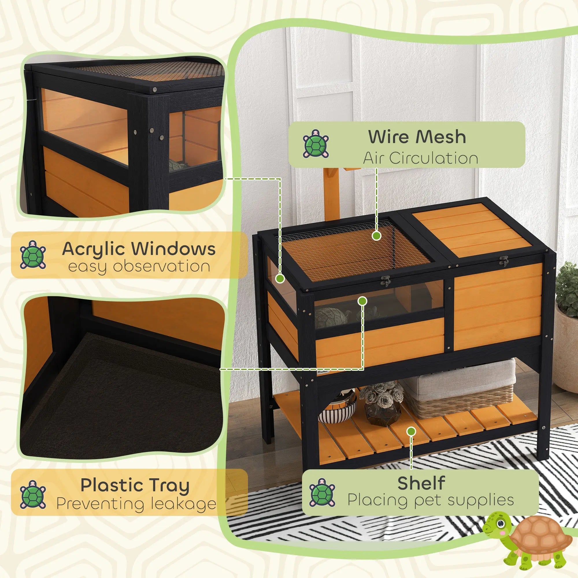 PawHut Wooden Tortoise House, with Shelter, Run, Shelf, Lamp Holder, Tray, Yellow 