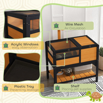 PawHut Wooden Tortoise House, with Shelter, Run, Shelf, Lamp Holder, Tray, Yellow 