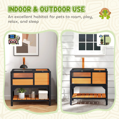 PawHut Wooden Tortoise House, with Shelter, Run, Shelf, Lamp Holder, Tray, Yellow 