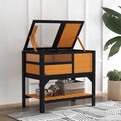 PawHut Wooden Tortoise House, with Shelter, Run, Shelf, Lamp Holder, Tray, Yellow 