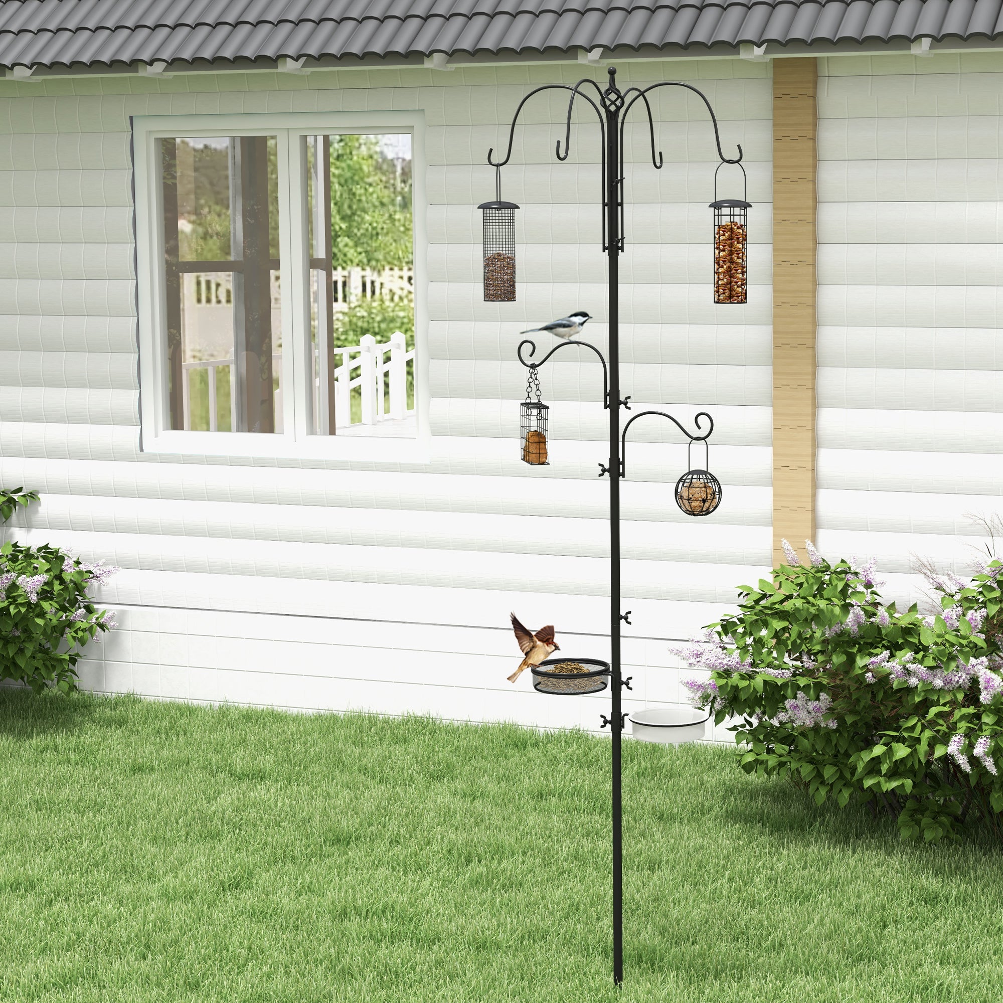 Pawhut Bird Feeding Station Kit, Wild Bird Feeder Pole with 6 Hooks, 4 Hanging Feeders for Peanuts, Seed, Fat Balls, for Garden, Outdoor, Black 