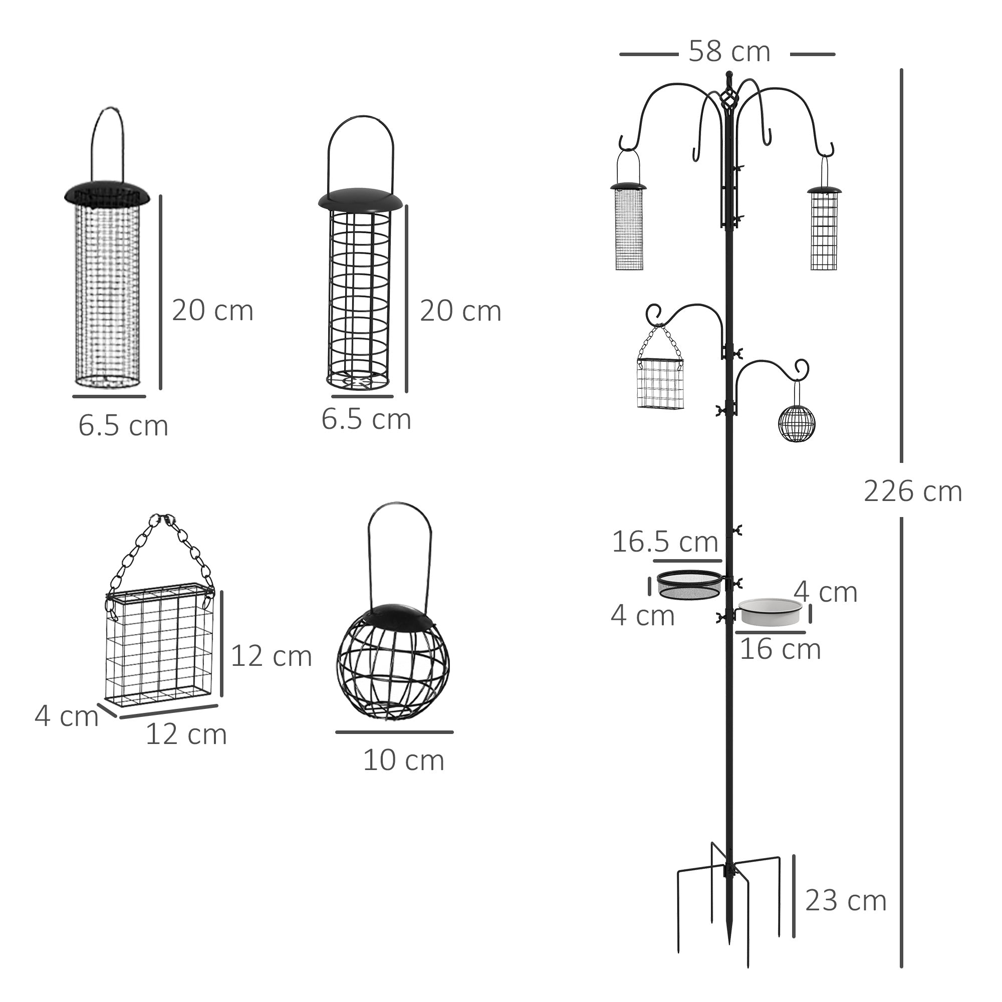 Pawhut Bird Feeding Station Kit, Wild Bird Feeder Pole with 6 Hooks, 4 Hanging Feeders for Peanuts, Seed, Fat Balls, for Garden, Outdoor, Black 