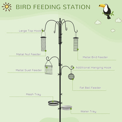 Pawhut Bird Feeding Station Kit, Wild Bird Feeder Pole with 6 Hooks, 4 Hanging Feeders for Peanuts, Seed, Fat Balls, for Garden, Outdoor, Black 