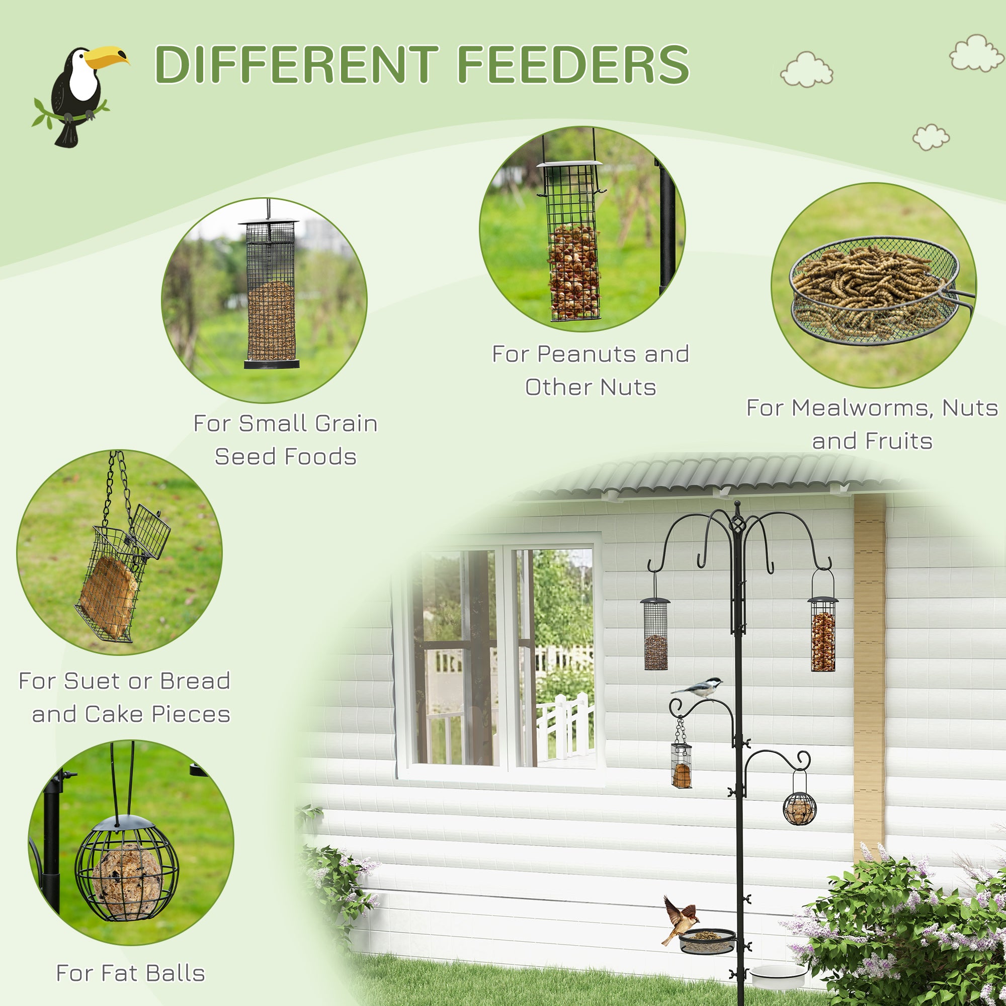 Pawhut Bird Feeding Station Kit, Wild Bird Feeder Pole with 6 Hooks, 4 Hanging Feeders for Peanuts, Seed, Fat Balls, for Garden, Outdoor, Black 