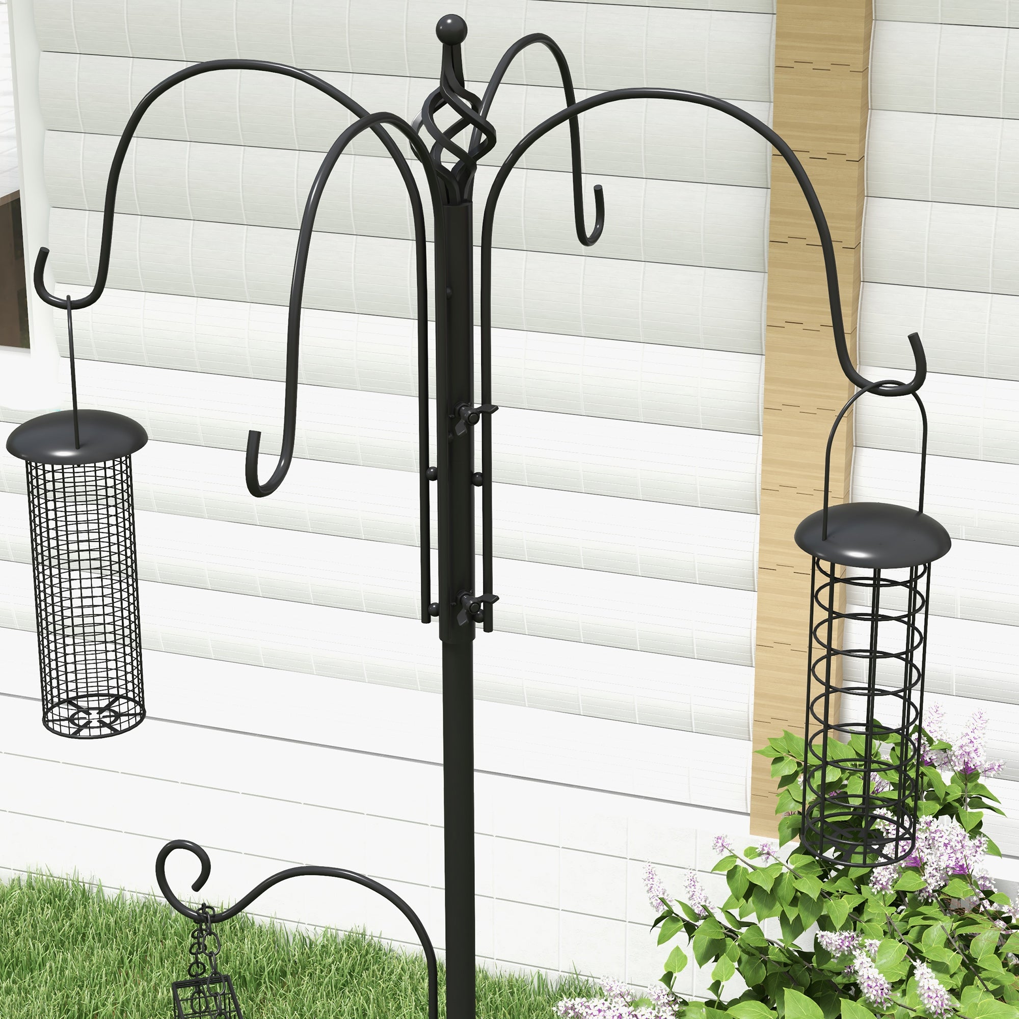 Pawhut Bird Feeding Station Kit, Wild Bird Feeder Pole with 6 Hooks, 4 Hanging Feeders for Peanuts, Seed, Fat Balls, for Garden, Outdoor, Black 