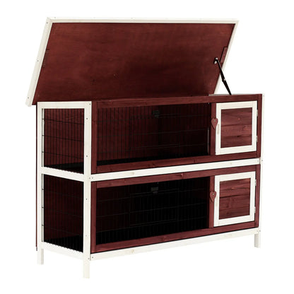Pawhut Two-Tier Double Decker Wooden Guinea Pigs Hutches Pet Cage 136.4Lx50Wx93H cm-Brown/White 