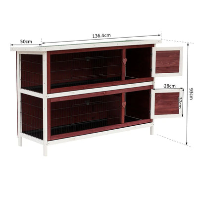 Pawhut Two-Tier Double Decker Wooden Guinea Pigs Hutches Pet Cage 136.4Lx50Wx93H cm-Brown/White 