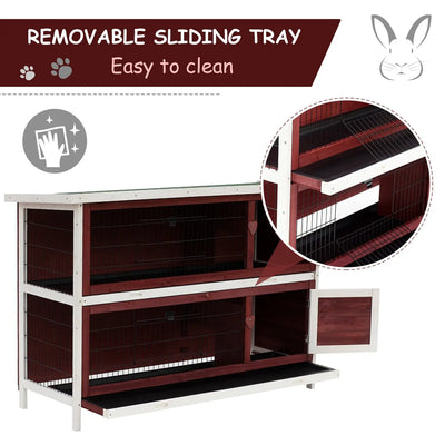 Pawhut Two-Tier Double Decker Wooden Guinea Pigs Hutches Pet Cage 136.4Lx50Wx93H cm-Brown/White 