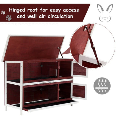 Pawhut Two-Tier Double Decker Wooden Guinea Pigs Hutches Pet Cage 136.4Lx50Wx93H cm-Brown/White 