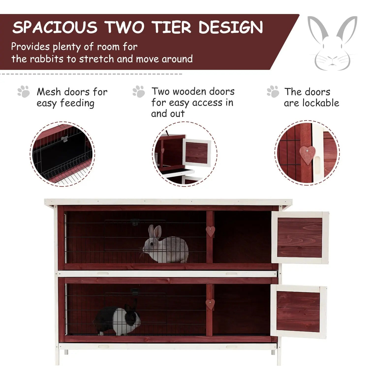 Pawhut Two-Tier Double Decker Wooden Guinea Pigs Hutches Pet Cage 136.4Lx50Wx93H cm-Brown/White 