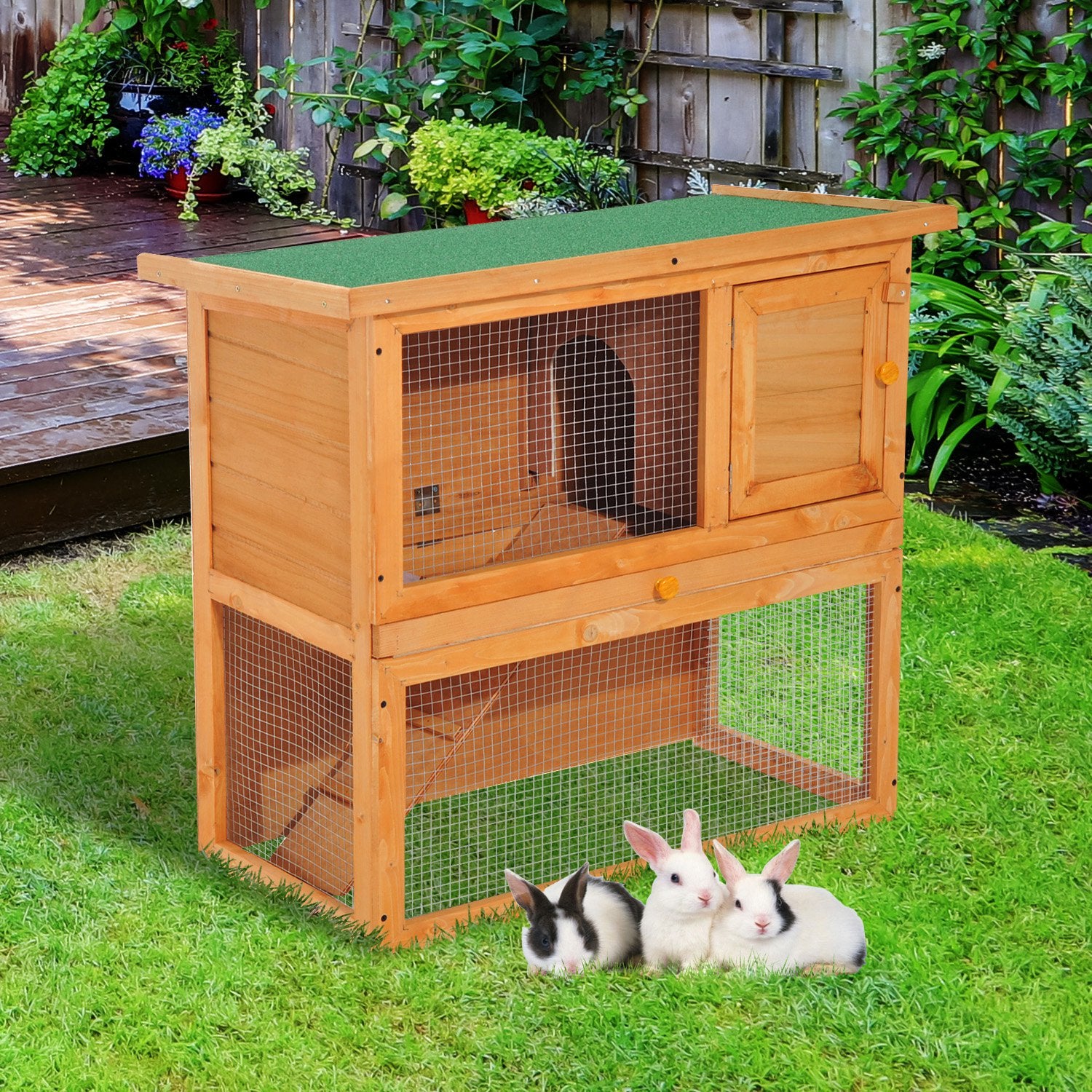 Pawhut Wooden 90cm 2 Tiers Guinea Pigs Hutches 