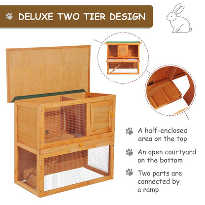 Pawhut Wooden 90cm 2 Tiers Guinea Pigs Hutches 