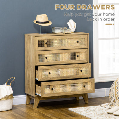 HOMCOM Storage Cabinet, 4-Drawer Unit with Rattan Element for Bedroom, Living Room, 80cmx35cmx95cm, Wood Effect 