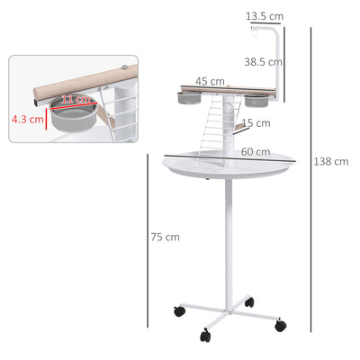 PawHut Bird Stand with Four Wheels, Perches, Stainless Steel Feed Bowls, Round Tray, for Garden, Indoor, Outdoor - White 