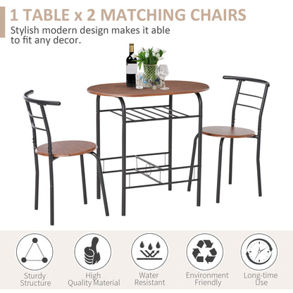 HOMCOM 3-Piece Dining Table Set , Metal Frame Wood Top Breakfast Bar Table Set for 2, Dining Table w/Storage Shelf & 2 chairs 