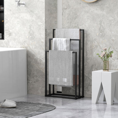 HOMCOM Freestanding Towel Rack, Steel Towel Rail Holder with 3 Bars, Black