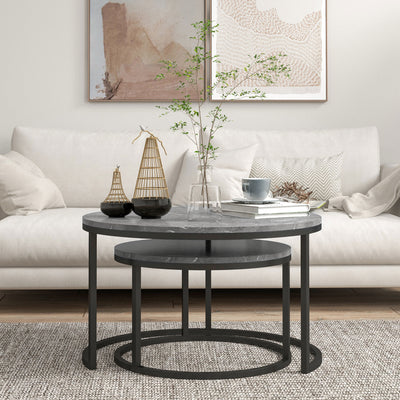 HOMCOM Industrial Nesting Coffee Table Set of 2, Round Coffee Tables, Living Room Table with Faux Marbled Top and Steel Frame 