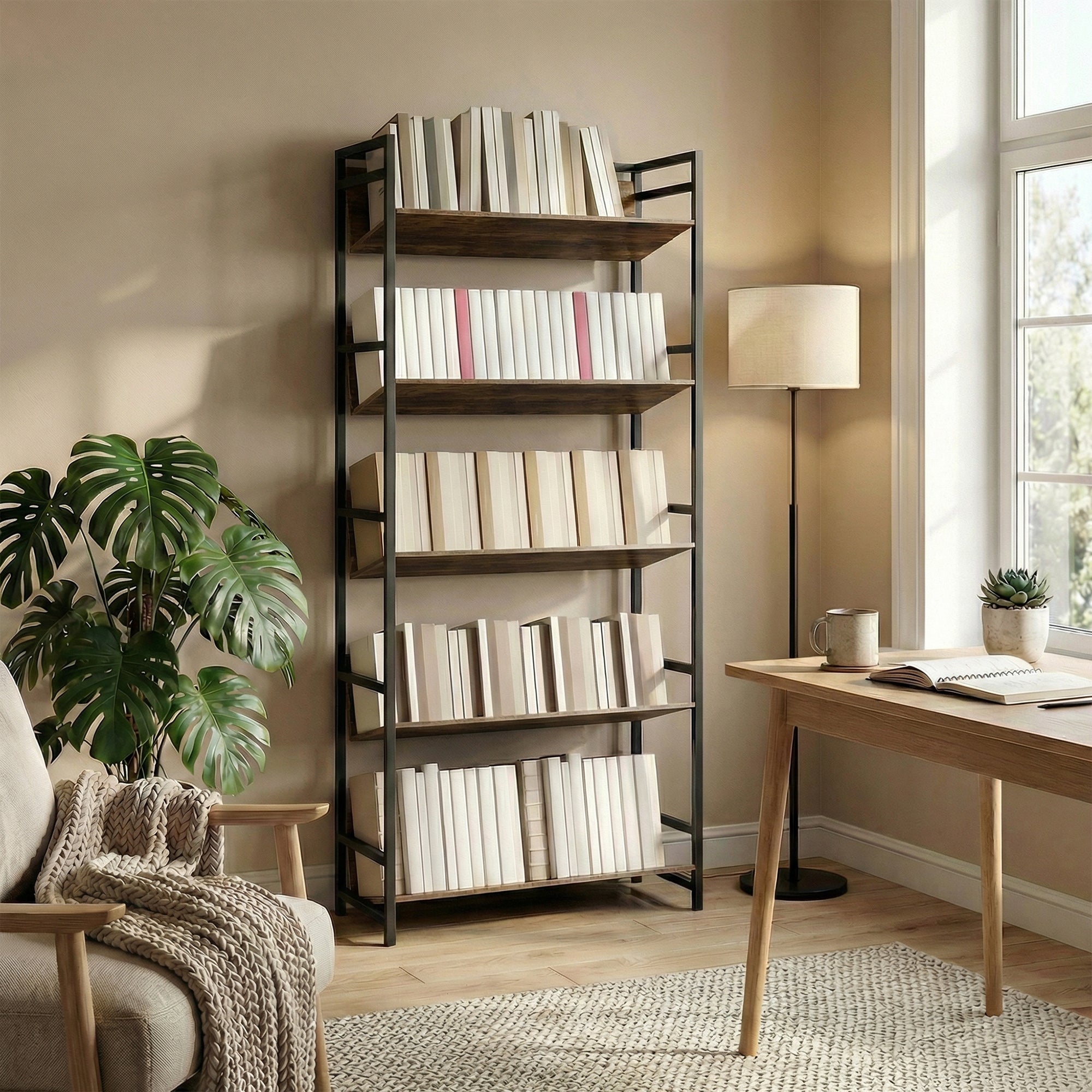 HOMCOM Bookshelf 5-Tier Metal Frame Room Divider Bookcase Storage Shelves for Living Room Rustic Brown 