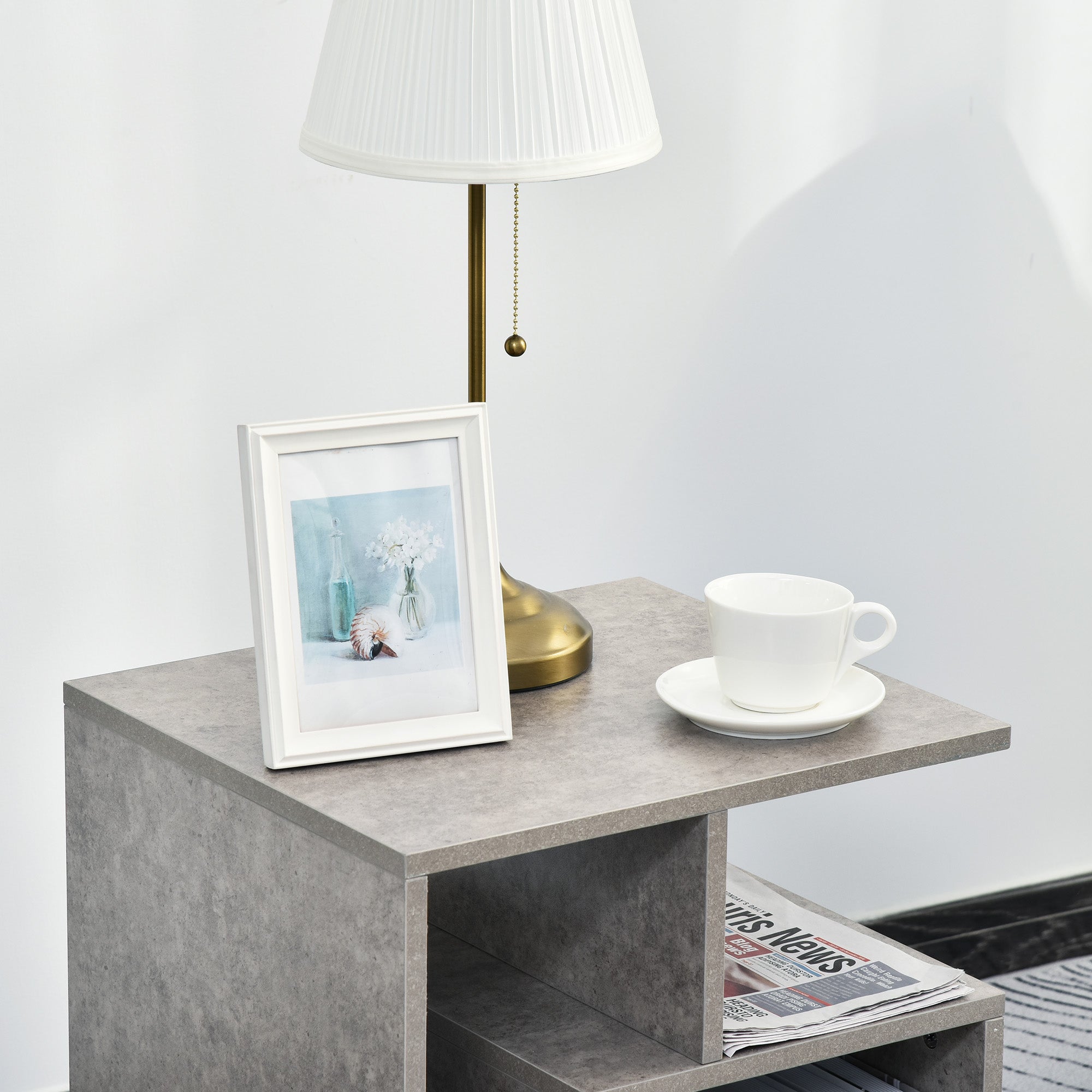 HOMCOM Side Table, 3 Tier End Table with Open Storage Shelves for Living Room, Bedroom, Cement Colour 