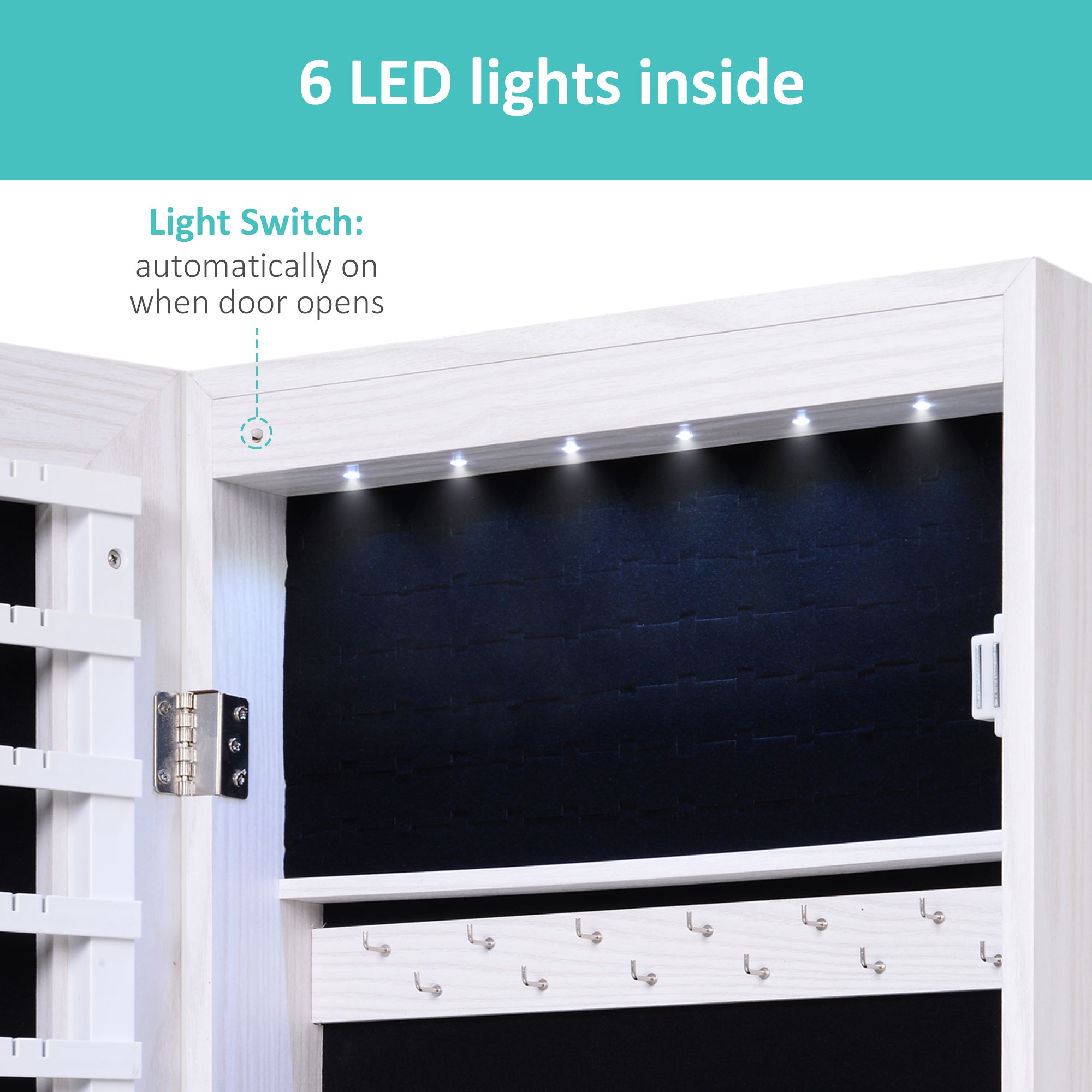 HOMCOM Jewelry Cabinet with Mirror and LED Lights, Lockable Makeup Cosmetics Jewellery Organiser, Mirror with Storage for Bedroom Dressing Room, White 
