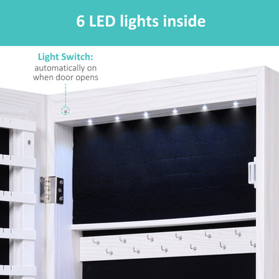 HOMCOM Jewelry Cabinet with Mirror and LED Lights, Lockable Makeup Cosmetics Jewellery Organiser, Mirror with Storage for Bedroom Dressing Room, White 