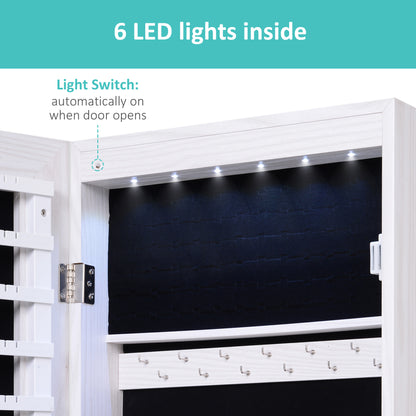 HOMCOM Jewelry Cabinet with Mirror and LED Lights, Lockable Makeup Cosmetics Jewellery Organiser, Mirror with Storage for Bedroom Dressing Room, White 