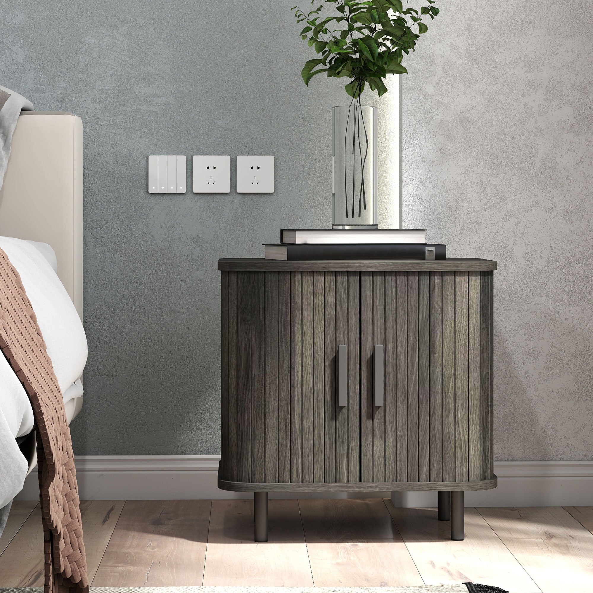 HOMCOM Bedside Table, Nordic Side Table with Roller Shutter Style Sliding Doors and Metal Legs for Bedroom, Living Room, Grey