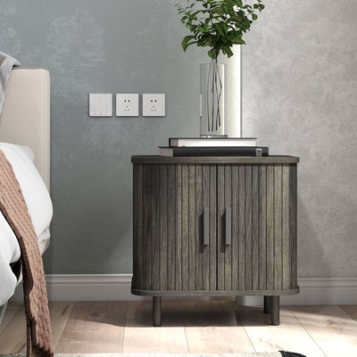 HOMCOM Bedside Table, Nordic Side Table with Roller Shutter Style Sliding Doors and Metal Legs for Bedroom, Living Room, Grey 
