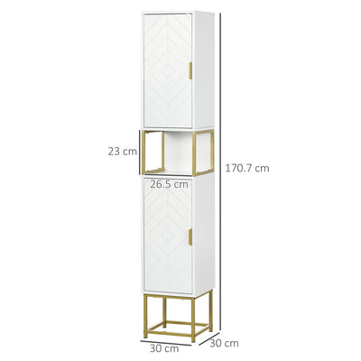 kleankin Narrow Bathroom Storage Cabinet, Freestanding Tallboy Storage Unit with Adjustable Shelf, 2 Doors and Steel Base, Slim Corner Organizer, White 