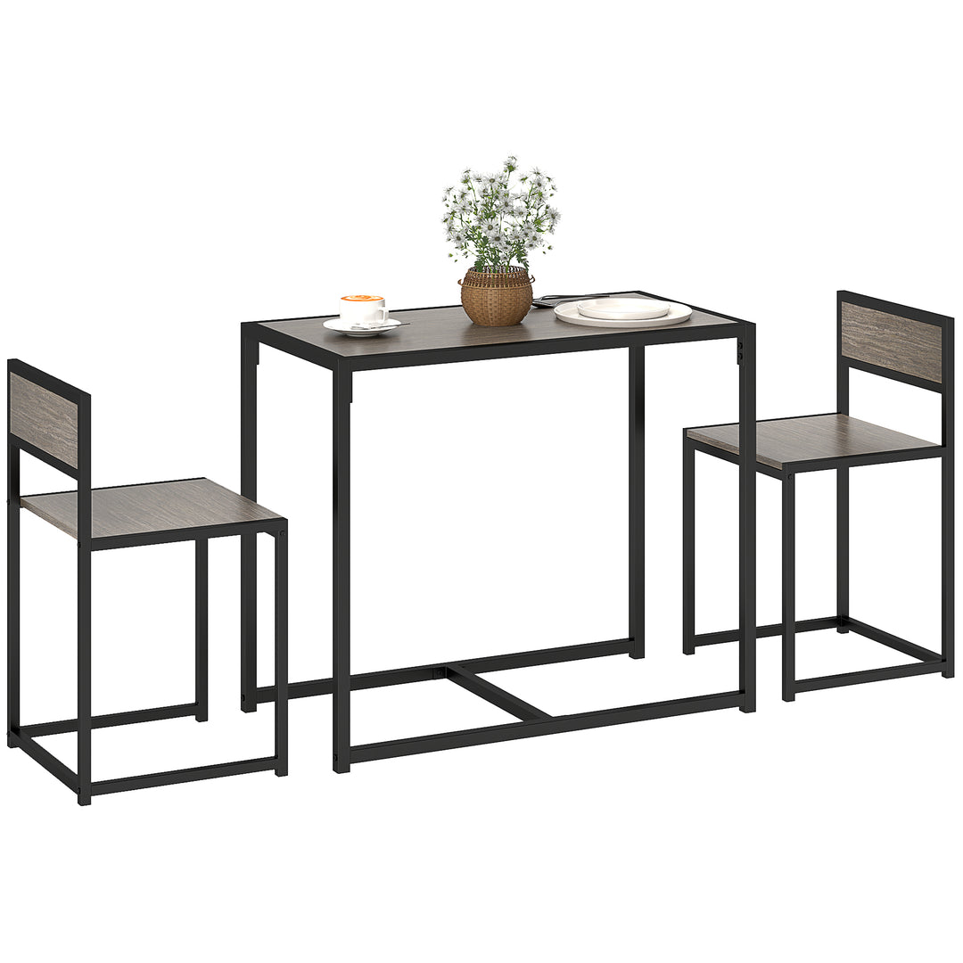 HOMCOM Dining Table and Chairs Set 2, Dining Room Sets, Rectangular Space Saving Table and 2 Chairs for Compact Kitchens, Steel Frame, Grey Wood-Effect 