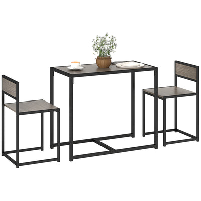 HOMCOM Dining Table and Chairs Set 2, Dining Room Sets, Rectangular Space Saving Table and 2 Chairs for Compact Kitchens, Steel Frame, Grey Wood-Effect 