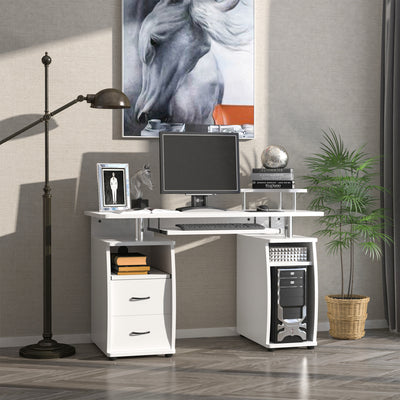 HOMCOM Computer Desk Office PC Table Workstation with Keyboard Tray, CPU Shelf, Drawers, Sliding Scanner Shelf, White 