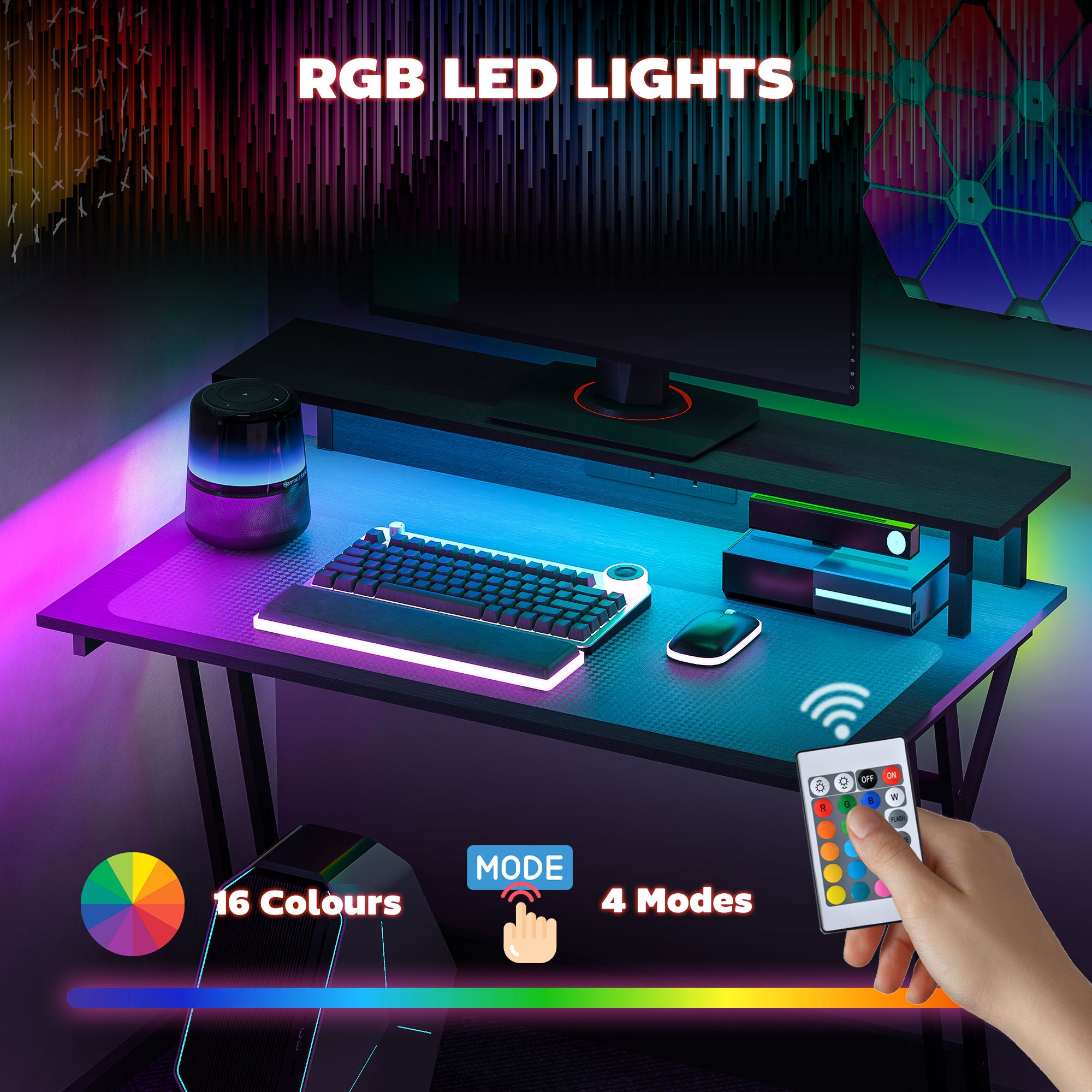 HOMCOM Gaming Desk with LED Lights and Power Outlets, 100 x 60cm Z Shaped Computer Desk with Monitor Stand and Steel Frame, PC Gaming Table for Home Office, Black 