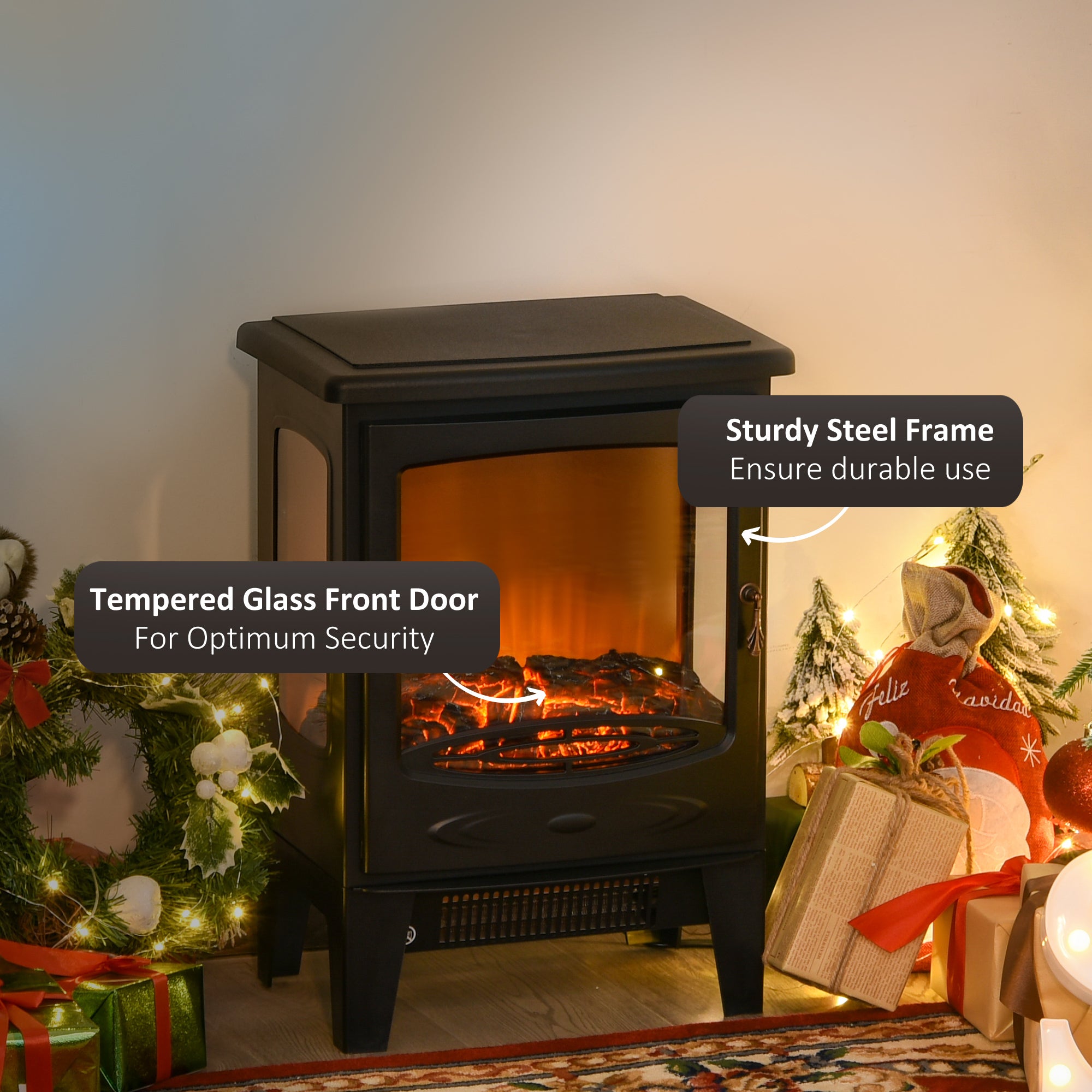 HOMCOM 900W/1800W Freestanding Electric Fireplace Room Heater w/ Adjustable Artificial Flame Tempered Glass Safe Home Warmth Retro Faux Fire 
