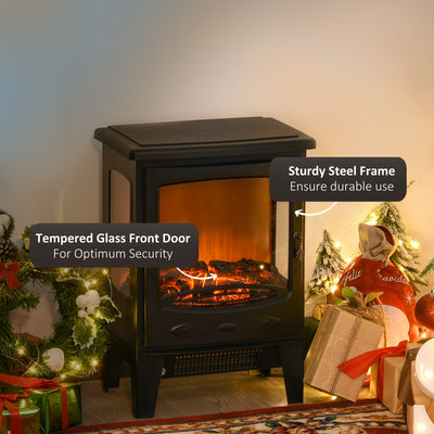 HOMCOM 900W/1800W Freestanding Electric Fireplace Room Heater w/ Adjustable Artificial Flame Tempered Glass Safe Home Warmth Retro Faux Fire 