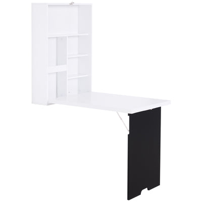 HOMCOM Folding Wall-Mounted Drop-Leaf Table, Convertible Wall Table With Chalkboard and Storage Shelf, Multifunctional Floating Desk for Home Office, White 