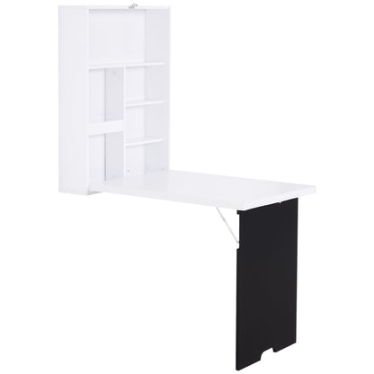 HOMCOM Folding Wall-Mounted Drop-Leaf Table, Convertible Wall Table With Chalkboard and Storage Shelf, Multifunctional Floating Desk for Home Office, White 